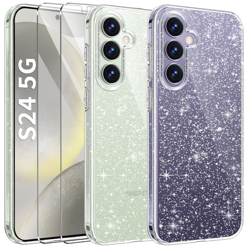 AROYI 3 in 1 Klar Glitzer Handyhülle Kompatibel mit Samsung Galaxy S24 5G Hülle Glitzer mit 2 Stück Schutzfolie, Handyhülle Samsung S24 5G Transparent Weiche TPU Silikon Case [Anti-Yellowing] von AROYI