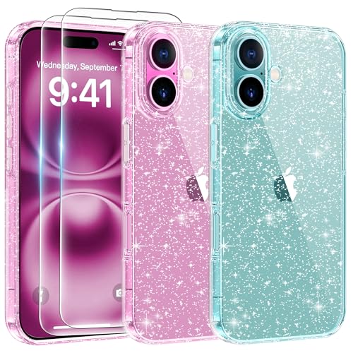 AROYI 3 in 1 Klar Glitzer Handyhülle Kompatibel mit iPhone 16 Hülle Glitzer mit 2 Stück Schutzfolie, Handyhülle Kompatibel mit iPhone 16 Transparent Weiche TPU Silikon Case [Anti-Yellowing] von AROYI