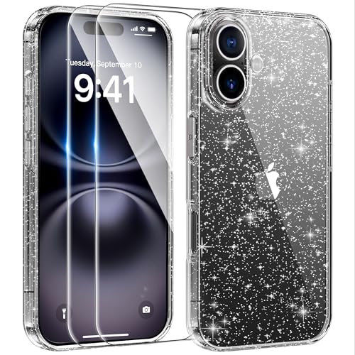 AROYI 3 in 1 Klar Glitzer Handyhülle Kompatibel mit iPhone 16 Hülle Glitzer mit 2 Stück Schutzfolie, Handyhülle iPhone 16 Transparent Weiche TPU Silikon Case [Anti-Yellowing], Gray von AROYI