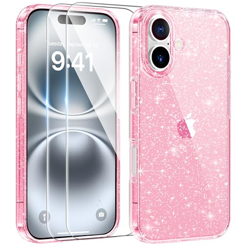 AROYI 3 in 1 Klar Glitzer Handyhülle Kompatibel mit iPhone 16 Hülle Glitzer mit 2 Stück Schutzfolie, Handyhülle iPhone 16 Transparent Weiche TPU Silikon Case [Anti-Yellowing], Rosa von AROYI