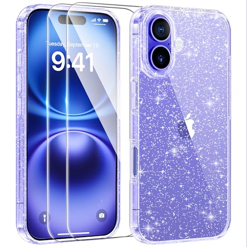 AROYI 3 in 1 Klar Glitzer Handyhülle Kompatibel mit iPhone 16 Hülle Glitzer mit 2 Stück Schutzfolie, Handyhülle iPhone 16 Transparent Weiche TPU Silikon Case [Anti-Yellowing], Violett von AROYI