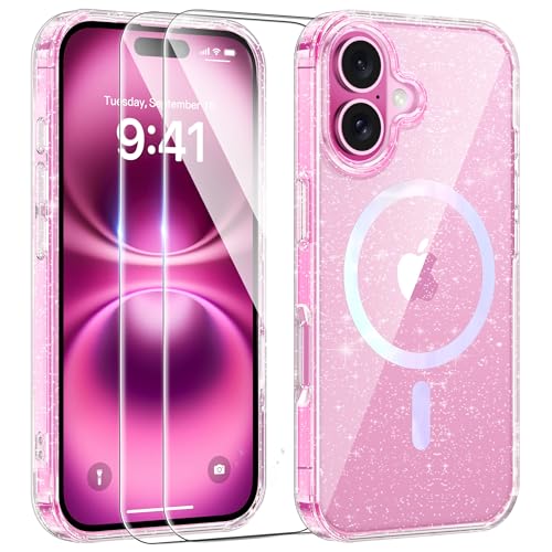 AROYI 3 in 1 Klar Glitzer Handyhülle Kompatibel mit iPhone 16 Hülle Magsaf Glitzer mit 2 Stück Schutzfolie, Handyhülle iPhone 16 Transparent Weiche TPU Silikon Case [Anti-Yellowing] von AROYI