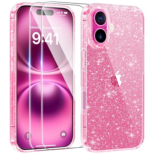 AROYI 3 in 1 Klar Glitzer Handyhülle Kompatibel mit iPhone 16 Plus Hülle Glitzer mit 2 Schutzfolie, Handyhülle iPhone 16 Plus Transparent Weiche TPU Silikon Case [Anti-Yellowing], Leuchtend Rosa von AROYI