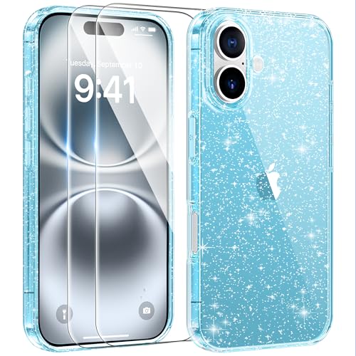 AROYI 3 in 1 Klar Glitzer Handyhülle Kompatibel mit iPhone 16 Plus Hülle Glitzer mit 2 Stück Schutzfolie, Handyhülle iPhone 16 Plus Transparent Weiche TPU Silikon Case [Anti-Yellowing], Blau von AROYI