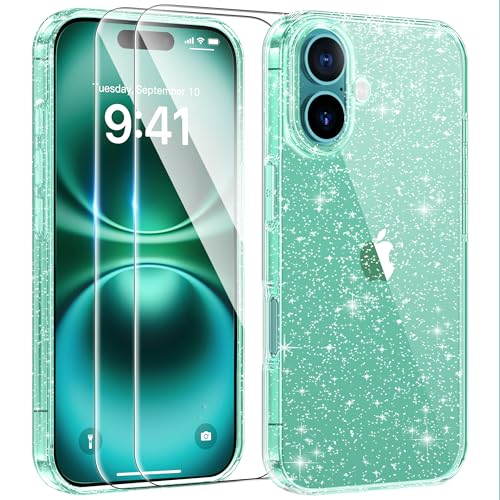 AROYI 3 in 1 Klar Glitzer Handyhülle Kompatibel mit iPhone 16 Plus Hülle Glitzer mit 2 Stück Schutzfolie, Handyhülle iPhone 16 Plus Transparent Weiche TPU Silikon Case [Anti-Yellowing], Grün von AROYI