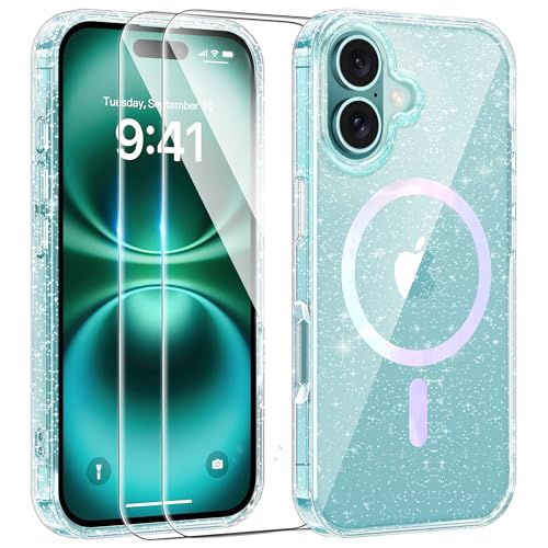 AROYI 3 in 1 Klar Glitzer Handyhülle Kompatibel mit iPhone 16 Plus Hülle Magsaf Glitzer mit 2 Stück Schutzfolie, Handyhülle iPhone 16 Plus Transparent Weiche TPU Silikon Case [Anti-Yellowing] von AROYI