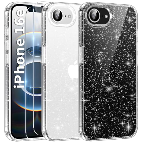 AROYI 3 in 1 Klar Glitzer Handyhülle Kompatibel mit iPhone 16e 2025 Hülle Glitzer mit 2 Stück Schutzfolie, Handyhülle iPhone SE 4th Generation Transparent Weiche TPU Silikon Case [Anti-Yellowing] von AROYI