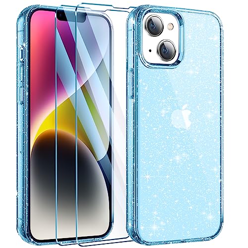 AROYI [5 in 1] Klar Glitzer Handyhülle Kompatibel mit iPhone 14 Hülle Glitzer mit 2 Schutzfolie + 2 Kameraschutz, Handyhülle iPhone 14 Transparent Weiche TPU Silikon Case [Anti-Yellowing], Blau von AROYI