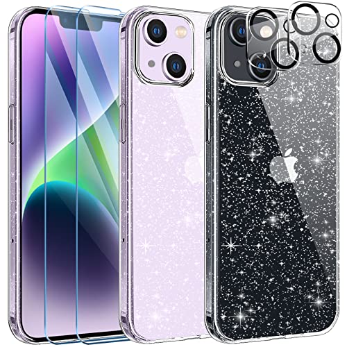 AROYI [5 in 1 Klar Glitzer Handyhülle Kompatibel mit iPhone 14 Hülle Glitzer mit 2 Schutzfolie + 2 Kameraschutz, Handyhülle iPhone 14 Transparent Weiche TPU Silikon Case [Anti-Yellowing] von AROYI