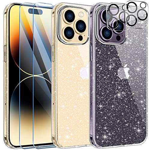 AROYI [5 in 1 Klar Glitzer Handyhülle Kompatibel mit iPhone 14 Pro Hülle Glitzer mit 2 Stück Schutzfolie + 2 Stück Kameraschutz, Handyhülle Transparent Weiche TPU Silikon Case [Anti-Yellowing] von AROYI