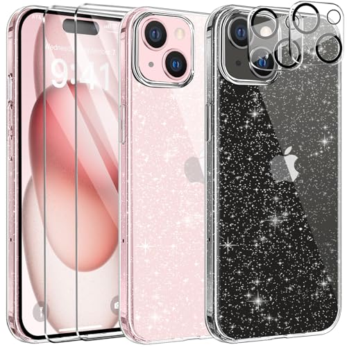 AROYI 5 in 1 Klar Glitzer Handyhülle Kompatibel mit iPhone 15 Hülle Glitzer mit 2 Schutzfolie + 2 Kameraschutz, Handyhülle für iPhone 15 Transparent Weiche TPU Silikon Case [Anti-Yellowing] (Clear) von AROYI