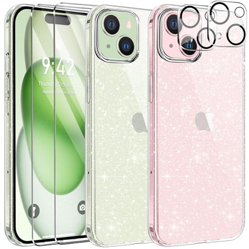 AROYI [5 in 1 Klar Glitzer Handyhülle Kompatibel mit iPhone 15 Plus Hülle Glitzer mit 2 Schutzfolie + 2 Kameraschutz, Handyhülle für iPhone 15 Plus Transparent TPU Silikon Case [Anti-Yellowing] von AROYI