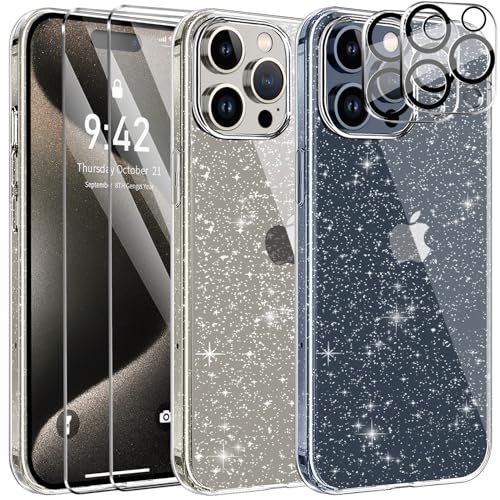 AROYI [5 in 1 Klar Glitzer Handyhülle Kompatibel mit iPhone 15 Pro Hülle mit 2 Schutzfolie + 2 Kameraschutz, Transparent TPU Silikon Case [Anti-Yellowing] von AROYI