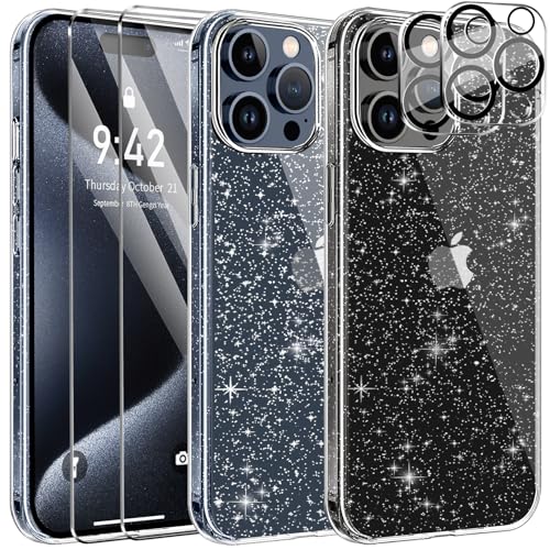 AROYI [5 in 1 Klar Glitzer Handyhülle Kompatibel mit iPhone 15 Pro Max Hülle Glitzer mit 2 Schutzfolie + 2 Kameraschutz, Handyhülle für iPhone 15 Pro Max Transparent TPU Silikon Case Anti-Yellowing von AROYI