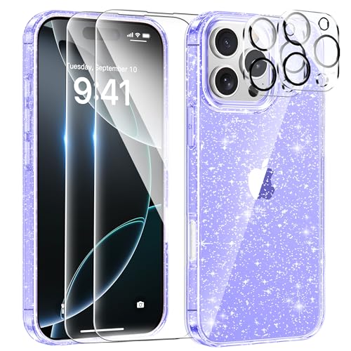AROYI 5 in 1 Klar Glitzer Handyhülle Kompatibel mit iPhone 16 Pro Hülle Glitzer mit 2 Schutzfolie + 2 Kameraschutz, Handyhülle 16 Pro Transparent Weiche TPU Silikon Case [Anti-Yellowing], Violett von AROYI