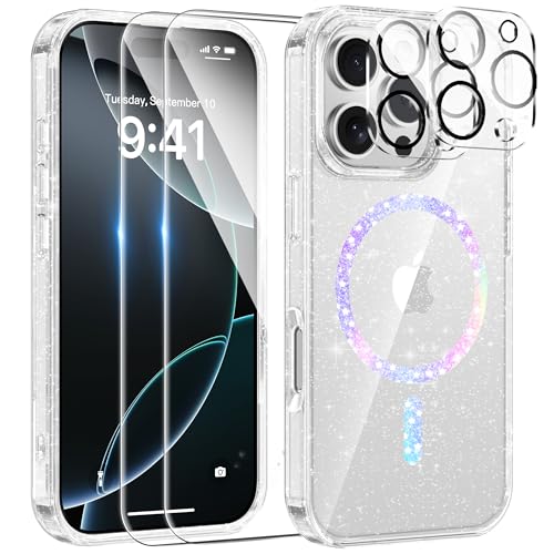 AROYI 5 in 1 Klar Glitzer Handyhülle Kompatibel mit iPhone 16 Pro Max Hülle Glitzer mit 2 Schutzfolie 2 Kameraschutz, Handyhülle 16 Pro Max Transparent Weiche TPU Silikon Case [Anti-Yellowing] von AROYI