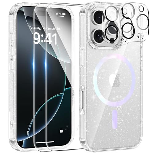 AROYI 5 in 1 Klar Glitzer Handyhülle Kompatibel mit iPhone 16 Pro Max Hülle Magsaf Glitzer mit 2 Schutzfolie 2 Kameraschutz, Handyhülle 16 Pro Max Transparent Weiche TPU Silikon Case [Anti-Yellowing] von AROYI