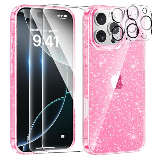 AROYI 5 in 1 Klar Glitzer Handyhülle iPhone 16 Pro Hülle Glitzer mit 2 Schutzfolie + 2 Kameraschutz, Handyhülle 16 Pro Transparent Weiche TPU Silikon Case [Anti-Yellowing], Leuchtend Rosa von AROYI
