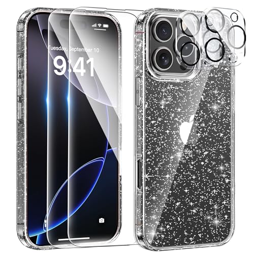 AROYI 5 in 1 Klar Glitzer Handyhülle iPhone 16 Pro Hülle Glitzer mit 2 Schutzfolie + 2 Kameraschutz, Handyhülle iPhone 16 Pro Transparent Weiche TPU Silikon Case [Anti-Yellowing], Gray von AROYI