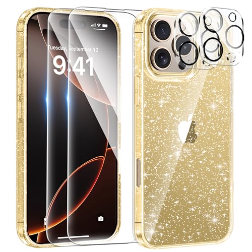 AROYI 5 in 1 Klar Glitzer Handyhülle iPhone 16 Pro Hülle Glitzer mit 2 Schutzfolie + 2 Kameraschutz, Handyhülle iPhone 16 Pro Transparent Weiche TPU Silikon Case [Anti-Yellowing],Gold von AROYI
