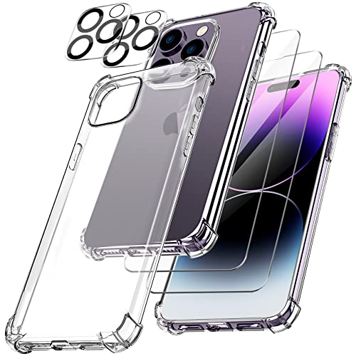 AROYI Handyhülle Kompatibel mit iPhone 14 Pro Hülle mit 2 Stück Displayschutz Schutzfolie und 2 Stück Kamera Schutzfolie, TPU Soft Silikon Stoßfest Case Kompatibel mit iPhone 14 Pro (6.1")-Transparent von AROYI