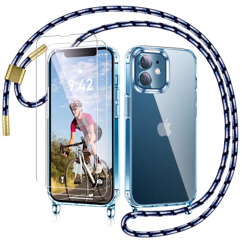 AROYI Handykette Kompatibel mit iPhone 12 / iPhone 12 Pro Hülle mit Band Und 2 Stück Schutzfolie, Transparent Silikon Handyhülle mit Kette zum Umhängeband Abnehmbar Stossfest Case, Blau von AROYI