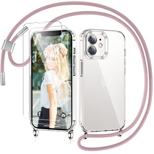 AROYI Handykette Kompatibel mit iPhone 12 / iPhone 12 Pro Hülle mit Band Und 2 Stück Schutzfolie, Transparent Silikon Handyhülle mit Kette zum Umhängeband Abnehmbar Stossfest Case, Rosegold von AROYI