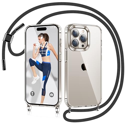 AROYI Handykette Kompatibel mit iPhone 15 Pro Hülle mit Band, Transparent Silikon Handyhülle für iPhone 15 Pro mit Kette Necklace zum Umhängeband Abnehmbar Stossfest Schutzhülle Case, Schwarz von AROYI