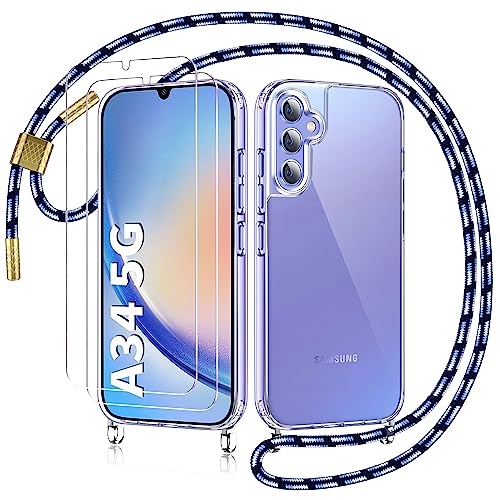 AROYI Handykette für Samsung Galaxy A34 5G Hülle mit Band Und 2 Schutzfolie, Transparent Silikon Handyhülle Samsung A34 mit Kette zum Umhängeband Abnehmbar Stossfest Schutzhülle Case, Blau von AROYI