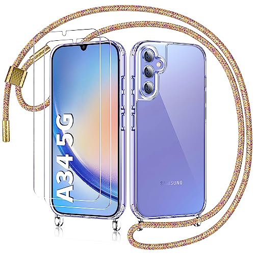 AROYI Handykette für Samsung Galaxy A34 5G Hülle mit Band Und 2 Schutzfolie, Transparent Silikon Handyhülle Samsung A34 mit Kette zum Umhängeband Abnehmbar Stossfest Schutzhülle Case, Regenbogen von AROYI