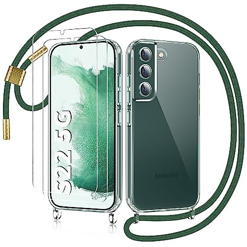 AROYI Handykette für Samsung Galaxy S22 5G Hülle mit Band Und 2 Schutzfolie, Transparent Silikon Handyhülle Samsung S22 mit Kette zum Umhängeband Abnehmbar Stossfest Schutzhülle Case, Dunkelgrün von AROYI