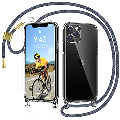 AROYI Handykette für iPhone 11 Pro Hülle mit Band Und 2 Stück Schutzfolie, Transparent Ultra Hybrid Handyhülle für iPhone 11 Pro mit Kette zum Umhängeband Abnehmbar Stossfest Hülle - Grau von AROYI