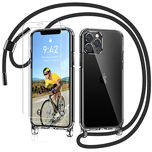 AROYI Handykette für iPhone 11 Pro Hülle mit Band Und 2 Stück Schutzfolie, Transparent Ultra Hybrid Handyhülle für iPhone 11 Pro mit Kette zum Umhängeband Abnehmbar Stossfest Hülle - Schwarz von AROYI