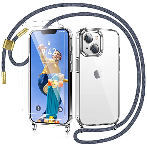 AROYI Handykette für iPhone 14 Hülle mit Band Und 2 Stück Schutzfolie, Transparent Ultra Hybrid Handyhülle für iPhone 14 mit Kette zum Umhängeband Abnehmbar Stossfest Hülle - Grau von AROYI