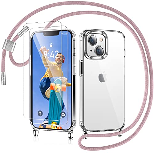 AROYI Handykette für iPhone 14 Hülle mit Band Und 2 Stück Schutzfolie, Transparent Ultra Hybrid Handyhülle für iPhone 14 mit Kette zum Umhängeband Abnehmbar Stossfest Hülle - Roségold von AROYI