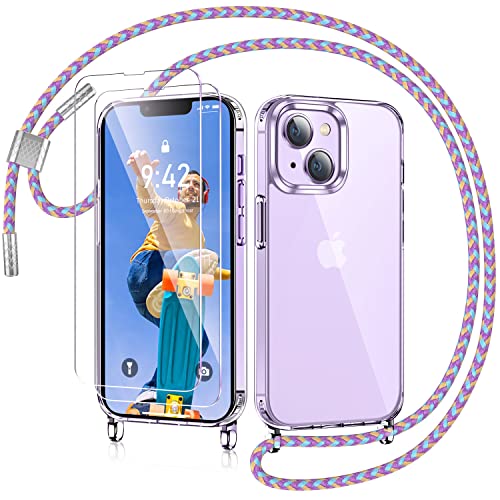 AROYI Handykette für iPhone 14 Hülle mit Band Und 2 Stück Schutzfolie, Transparent Ultra Hybrid Handyhülle für iPhone 14 mit Kette zum Umhängeband Abnehmbar Stossfest Hülle - Violett von AROYI