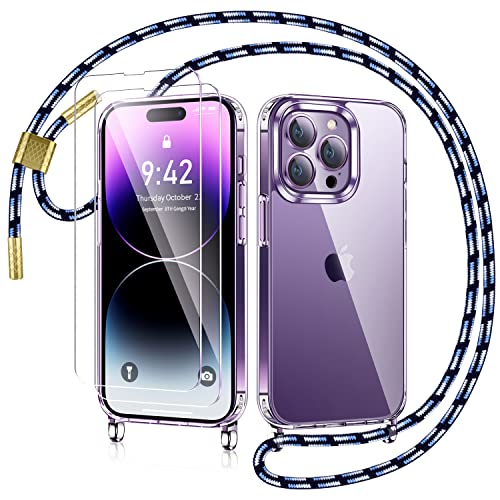 AROYI Handykette für iPhone 14 Pro Hülle mit Band Und 2 Stück Schutzfolie, Transparent Ultra Hybrid Handyhülle für iPhone 14 Pro mit Kette zum Umhängeband Abnehmbar Stossfest Hülle - Blau von AROYI