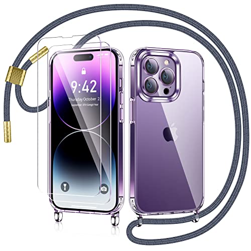 AROYI Handykette für iPhone 14 Pro Hülle mit Band Und 2 Stück Schutzfolie, Transparent Ultra Hybrid Handyhülle für iPhone 14 Pro mit Kette zum Umhängeband Abnehmbar Stossfest Hülle - Grau von AROYI