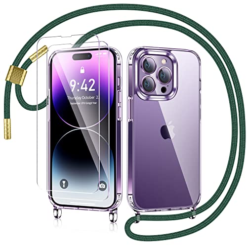 AROYI Handykette für iPhone 14 Pro Hülle mit Band Und 2 Stück Schutzfolie, Transparent Ultra Hybrid Handyhülle für iPhone 14 Pro mit Kette zum Umhängeband Abnehmbar Stossfest Hülle - Grün von AROYI