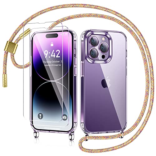 AROYI Handykette für iPhone 14 Pro Hülle mit Band Und 2 Stück Schutzfolie, Transparent Ultra Hybrid Handyhülle für iPhone 14 Pro mit Kette zum Umhängeband Abnehmbar Stossfest Hülle - Regenbogen von AROYI