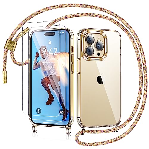 AROYI Handykette für iPhone 14 Pro Max Hülle mit Band Und 2 Stück Schutzfolie, Transparent Ultra Hybrid Handyhülle für iPhone 14 Pro Max mit Kette zum Umhängeband Abnehmbar Stossfest - Regenbogen von AROYI