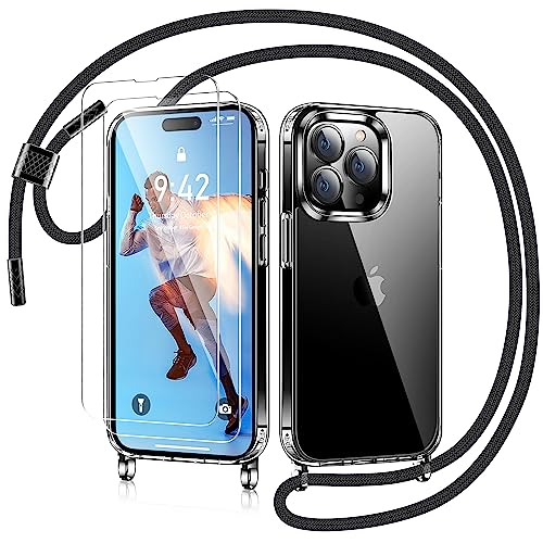 AROYI Handykette für iPhone 14 Pro Max Hülle mit Band Und 2 Stück Schutzfolie, Transparent Ultra Hybrid Handyhülle für iPhone 14 Pro Max mit Kette zum Umhängeband Abnehmbar Stossfest - Schwarz von AROYI