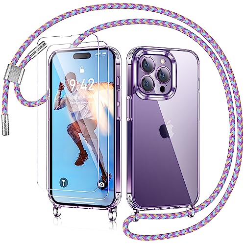 AROYI Handykette für iPhone 14 Pro Max Hülle mit Band Und 2 Stück Schutzfolie, Transparent Ultra Hybrid Handyhülle für iPhone 14 Pro Max mit Kette zum Umhängeband Abnehmbar Stossfest - Violett von AROYI