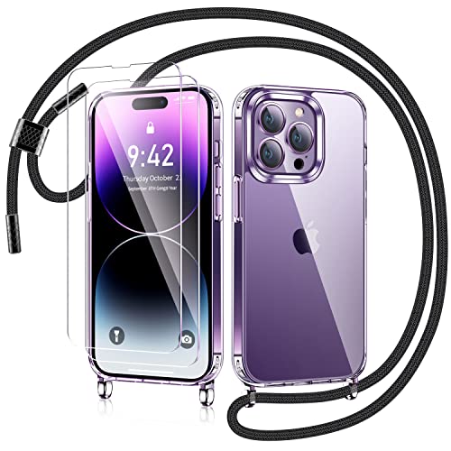 AROYI Handykette für iPhone 14 Pro mit Band Und 2 Stück Schutzfolie, Transparent Ultra Hybrid Handyhülle mit Kette zum Umhängeband Abnehmbar Stossfest Hülle - Schwarz von AROYI