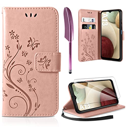 AROYI Lederhülle Kompatibel mit Samsung Galaxy A12 / M12 Hülle und Schutzfolie,Flip Wallet Handyhülle PU Leder Tasche Case Kartensteckplätzen Schutzhülle Kompatibel mit Samsung Galaxy A12 Roségold von AROYI