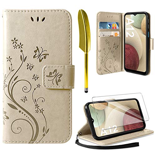 AROYI Lederhülle Kompatibel mit Samsung Galaxy A12 / M12 Hülle und Schutzfolie,Flip Wallet Handyhülle PU Leder Tasche Case Kartensteckplätzen Schutzhülle Kompatibel mit Samsung Galaxy A12 Golden von AROYI