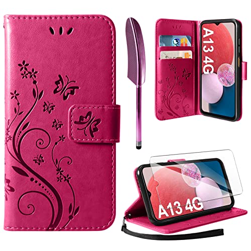 AROYI Lederhülle Kompatibel mit Samsung Galaxy A13 4G 6.6“ Hülle (Nicht für 5G) und Schutzfolie, Flip Wallet Handyhülle Leder Tasche Schutzhülle Kompatibel mit Samsung Galaxy A13 Rosenrot von AROYI