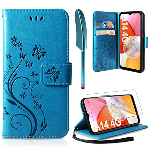 AROYI Lederhülle Kompatibel mit Samsung Galaxy A14 5G/ A14 4G Hülle und Schutzfolie, Flip Wallet Handyhülle Leder Tasche Case Kartensteckplätzen Schutzhülle Kompatibel mit Samsung Galaxy A14 (Blau) von AROYI