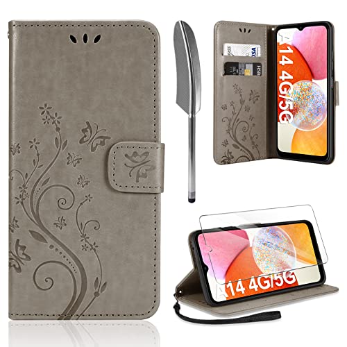 AROYI Lederhülle Kompatibel mit Samsung Galaxy A14 5G/ A14 4G Hülle und Schutzfolie,Wallet Handyhülle Leder Tasche Kartensteckplätzen Schutzhülle Kompatibel mit Samsung Galaxy A14 Grau von AROYI