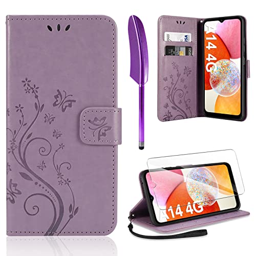 AROYI Lederhülle Kompatibel mit Samsung Galaxy A14 5G/ A14 4G Hülle und Schutzfolie,Wallet Handyhülle Leder Tasche Kartensteckplätzen Schutzhülle Kompatibel mit Samsung Galaxy A14 Lila von AROYI